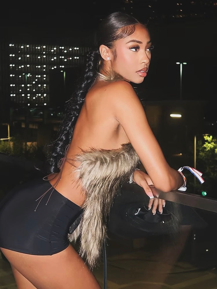 Faux Fur Backless Halter