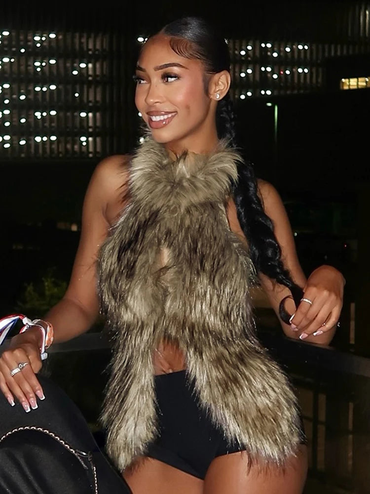 Faux Fur Backless Halter